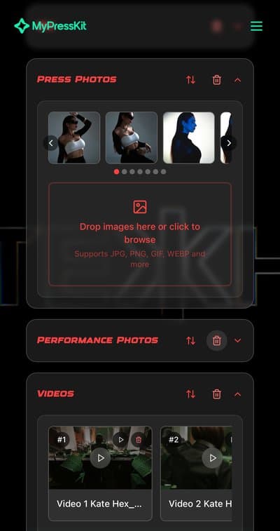 Uploading press photos and videos to a press kit